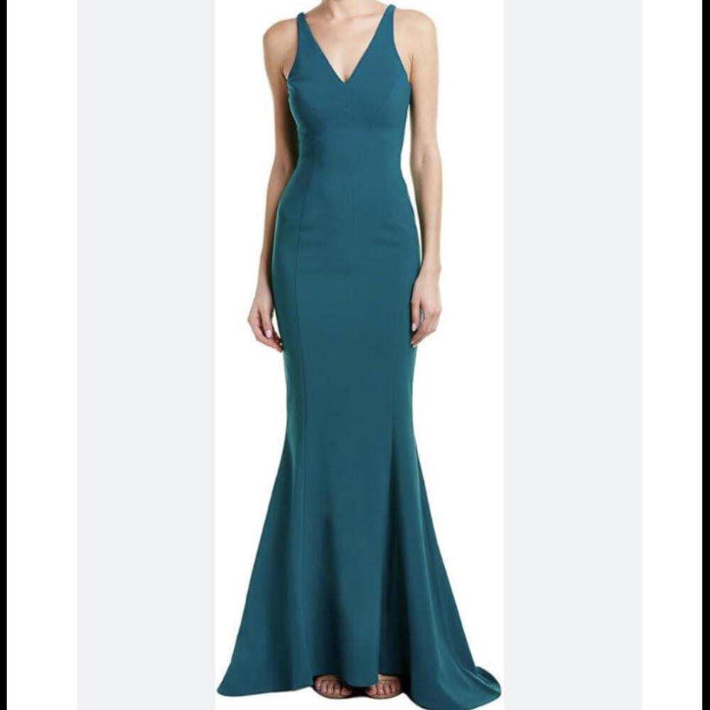 LIKELY teal plunge neck Elisas mermaid maxi gown